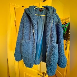 Blue fluffy jacket with hood, super comfy and fun